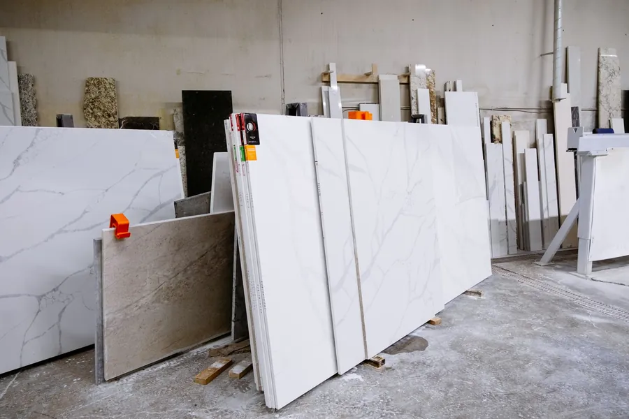 Marble and stone slabs stacked on edge in a stone yard, where an Exeter bathroom's material is chosen block by block