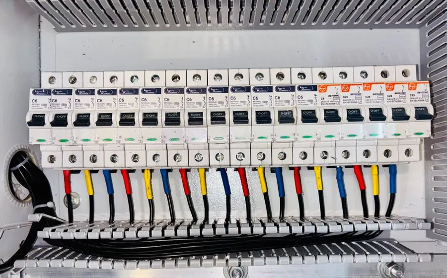 A domestic consumer unit, where the dedicated circuit for a steam generator in an Exeter bathroom starts