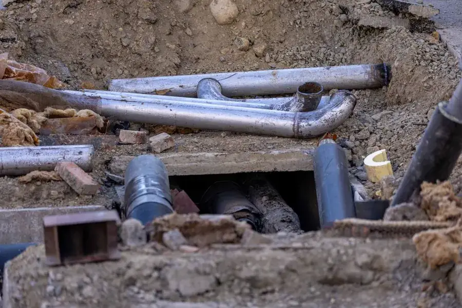 Pipework on site, illustrating the soil connection that dictates where a WC can go in an Exeter bathroom