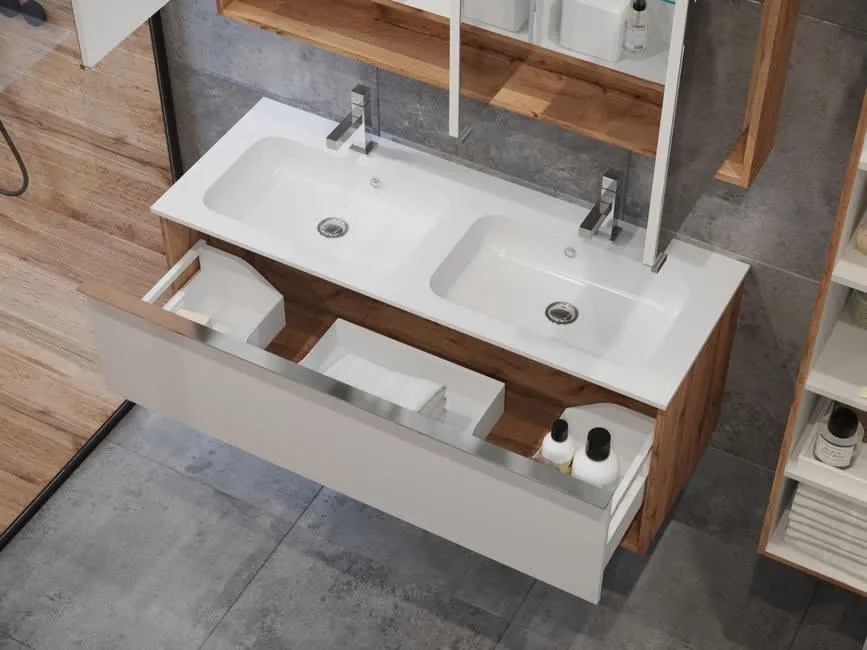 A wall-hung double basin vanity unit with its drawer open showing internal storage