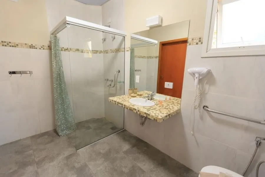 Level-access shower with a grab rail and no tray lip, in a walk-in wet area