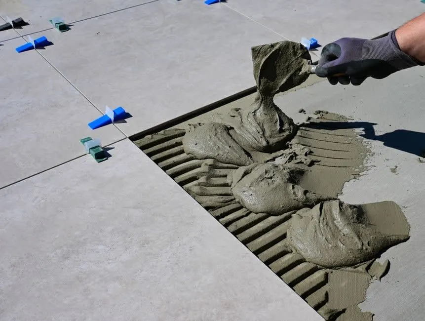 A trowel spreading tile adhesive across a prepared floor before tiling